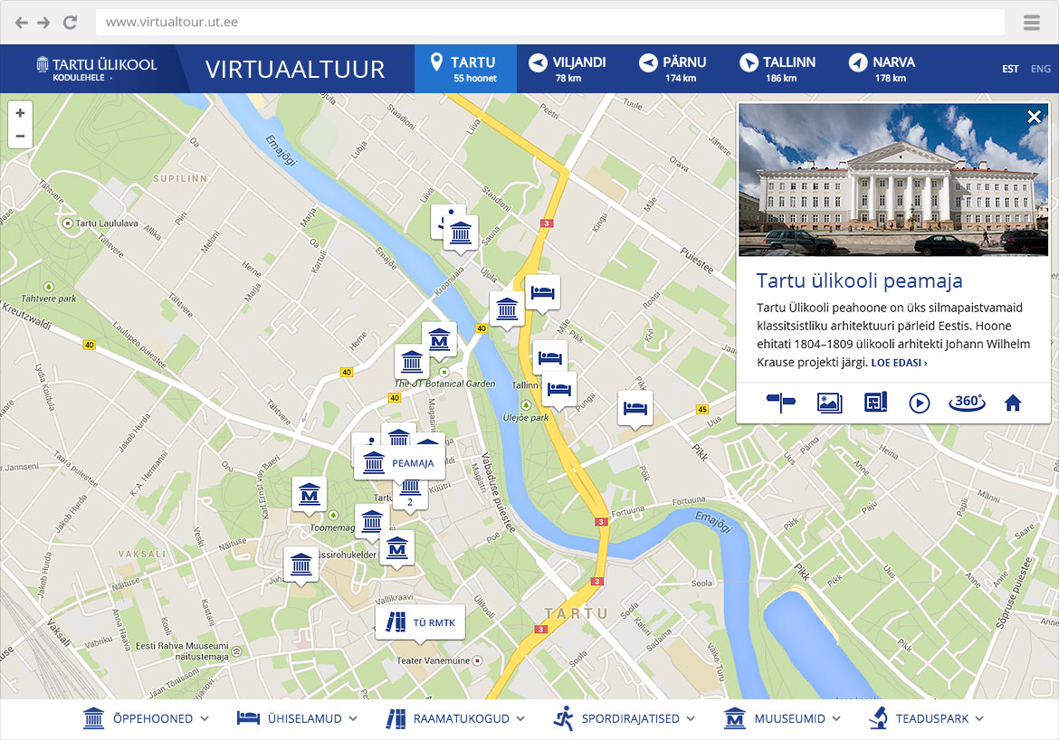 Tartu ülikooli virtuaaltuuri kaardivaade