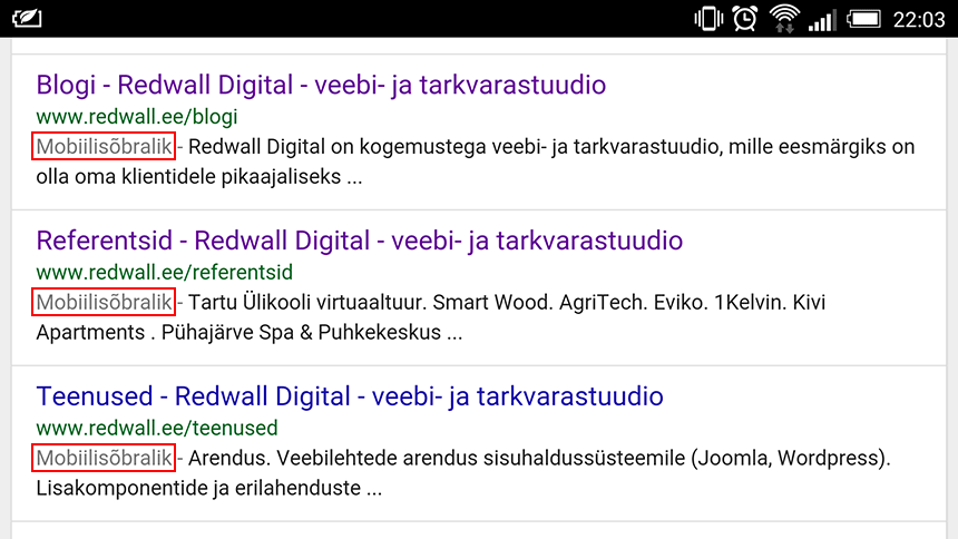 Redwalli veebilehed on Google otsingus märgitud kui mobiilisõbralikud