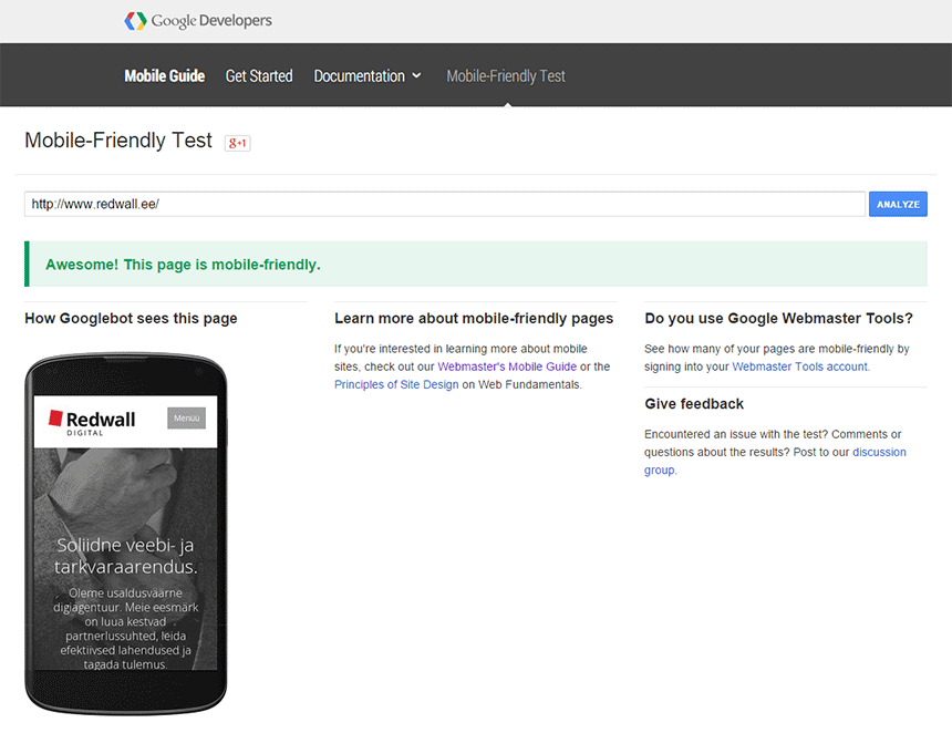 Redwalli veebileht läbis Google mobiilisõbralikkuse testi
