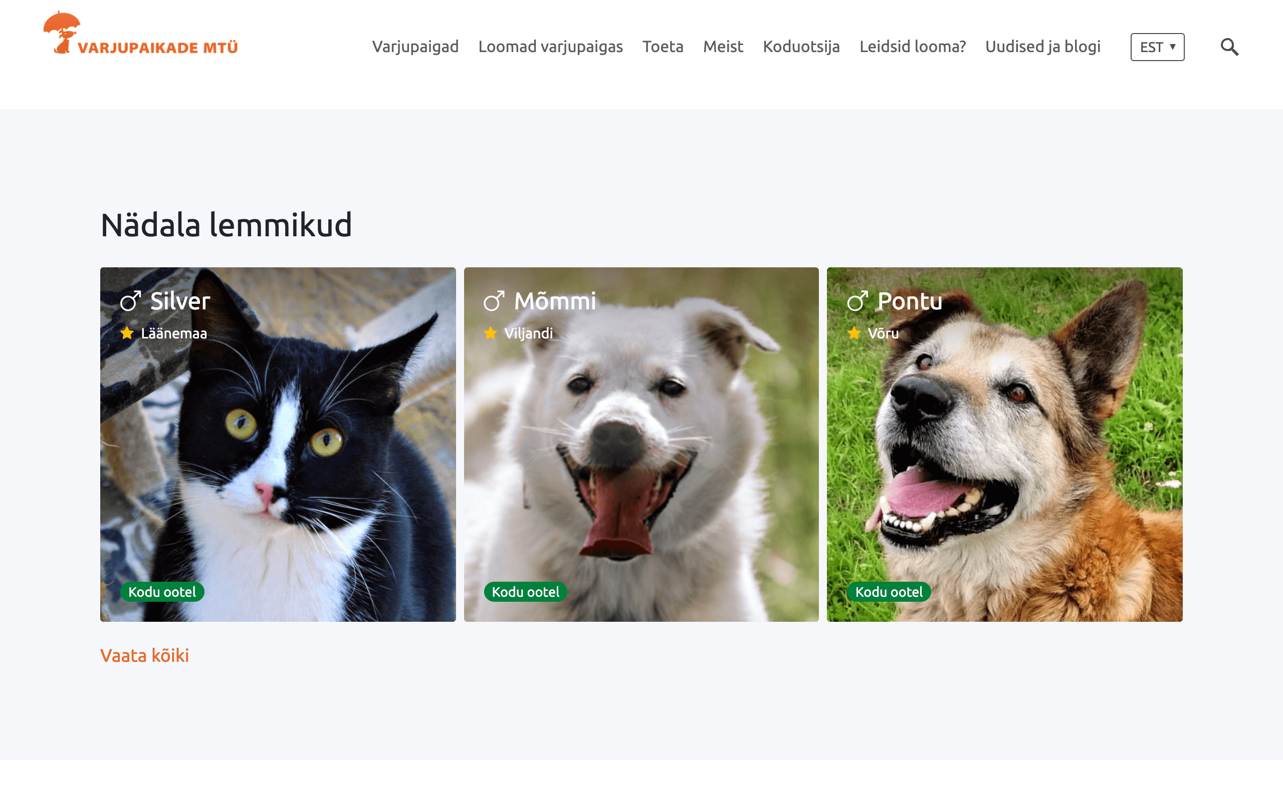 Varjupaik.ee veebilehel plokk "Nädala lemmikud"