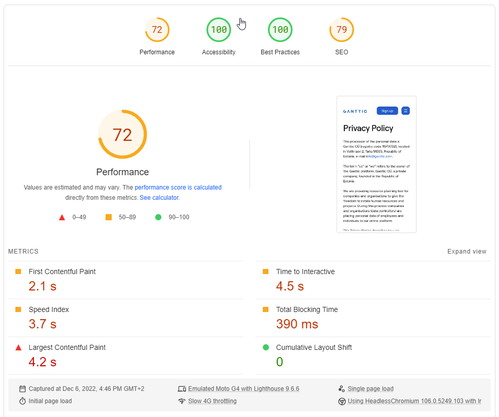 Loading speed of the new web "Privacy Policy" page