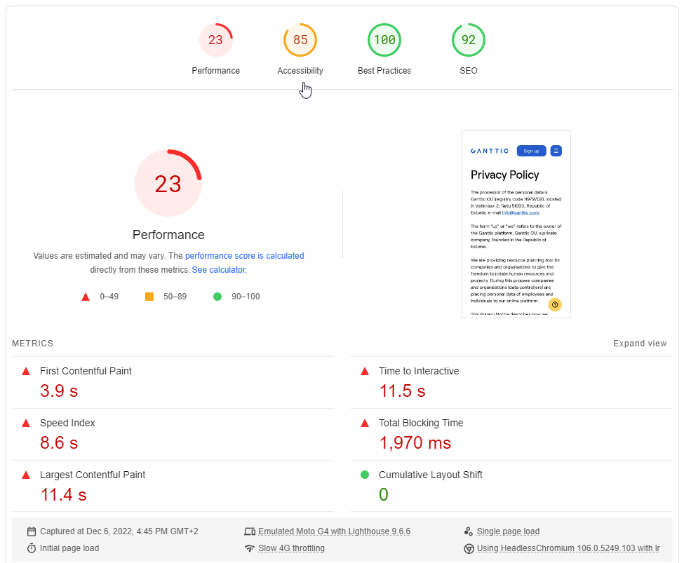 Loading speed of the old web "Privacy Policy" page